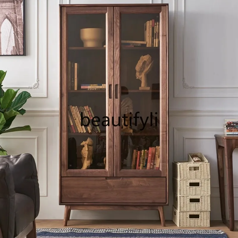 

All Solid Wood Nordic Bookshelf with Glass Doors, Simple Modern Storage Cabinet, Living Room Display Cabinet