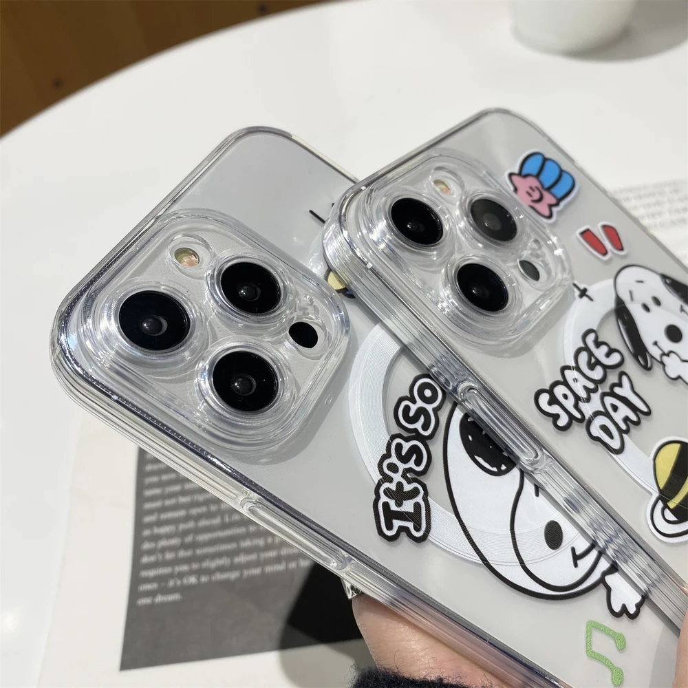 Cute Astronaut Snoopy Magnetic Holder Magsafe Wireless Charge Transparent Phone Case For  iPhone 17 16 15 14 13 Pro Max Cover view 6