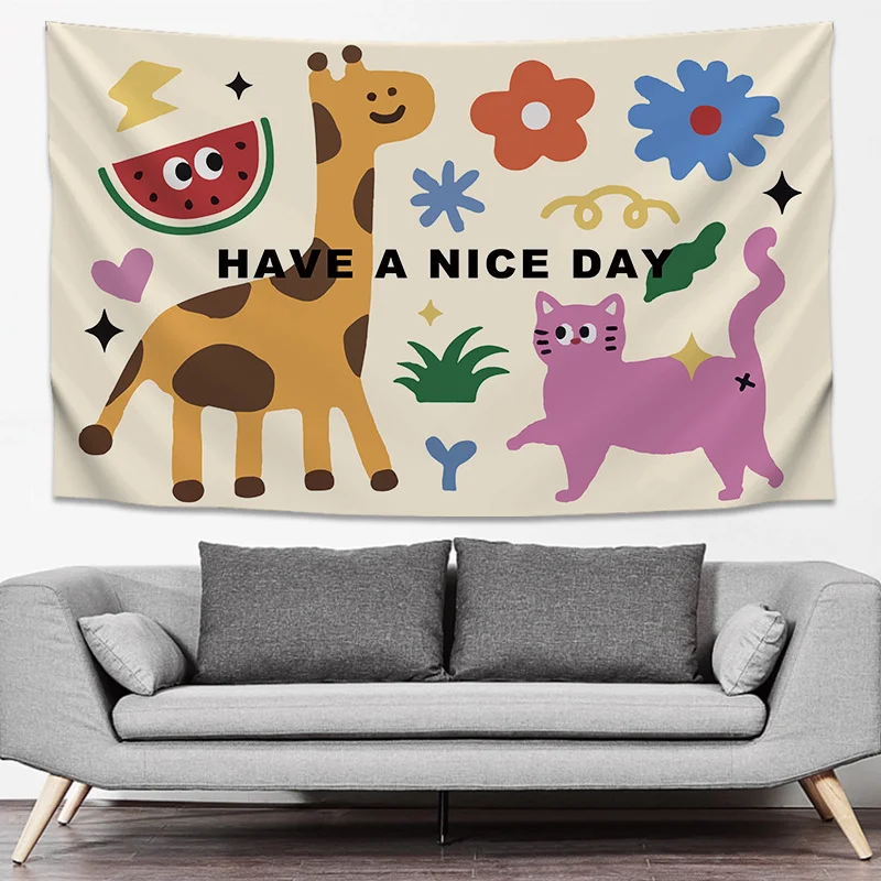 VIKAMA Boho Giraffe Cat Illustration Tapestry Wall Hanging Abstract Flowers Cute Quote Aesthetic Wall Art Bedroom Dorm Decor