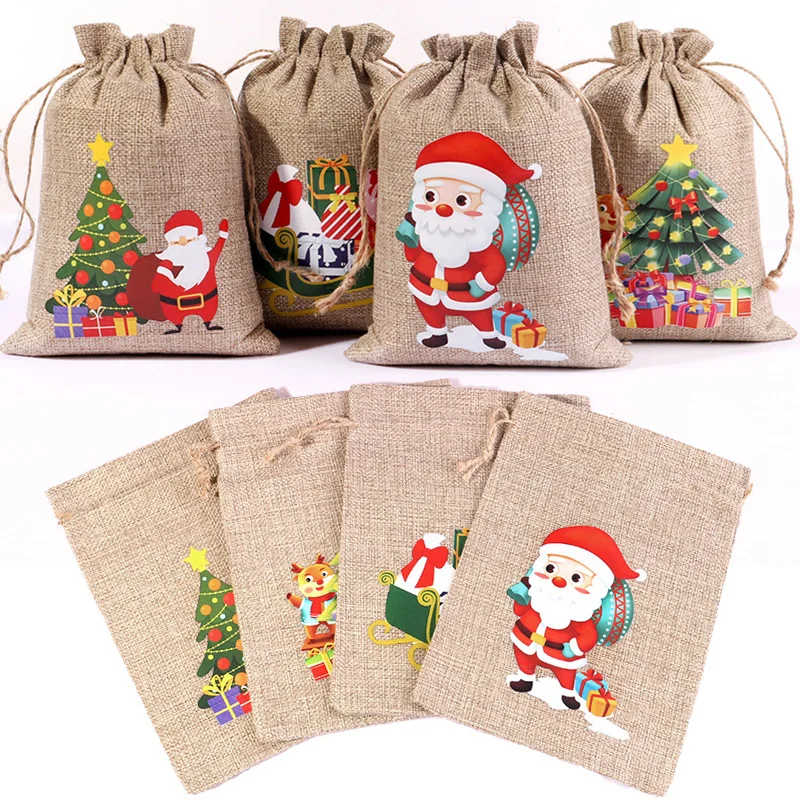 Christmas Gift Packaging Bag Santa Claus Elk Print Drawstring Cookie Candy Pouch For Xmas 20240New Year Party Gifts Storage Bag