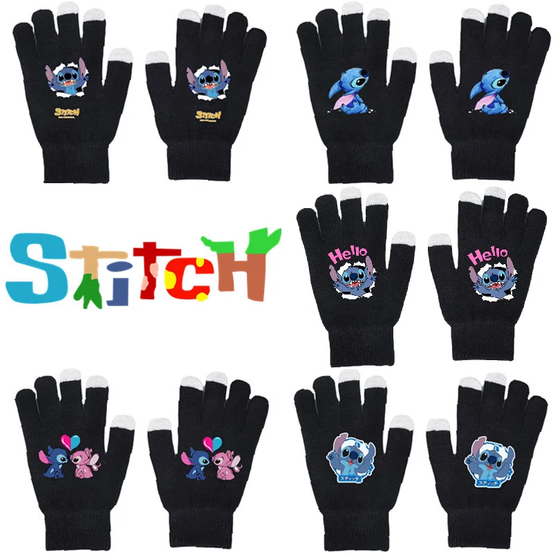 

New Anime Stitch Knitted Gloves Kawaii Lilo Stitch Warm Outdoor Five Finger Cute Gloves Black Print Gloves Kids Gifts