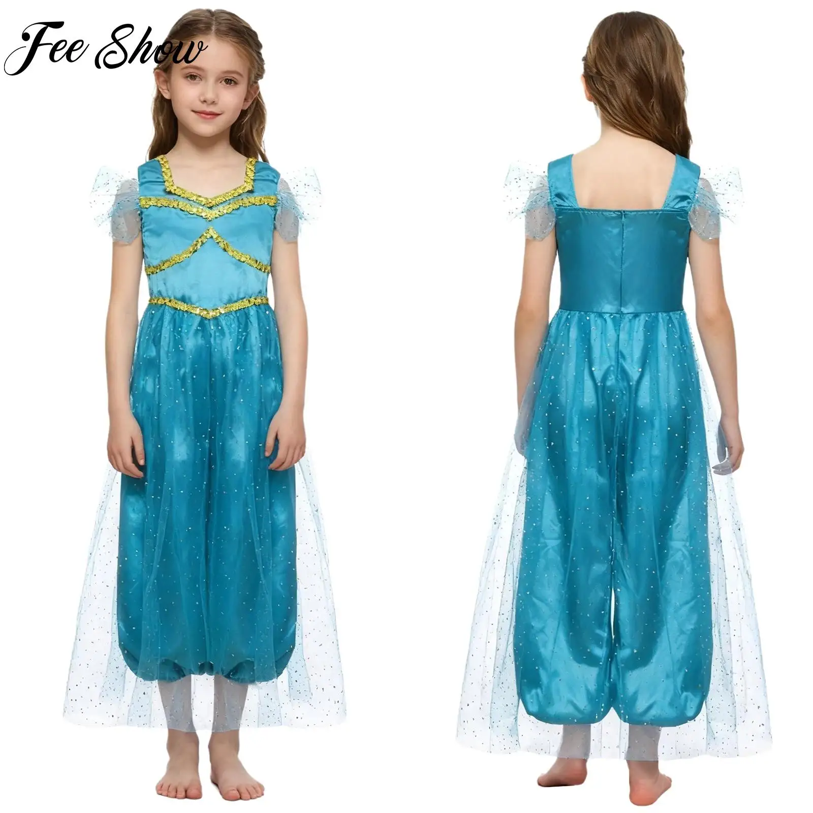 

Sequins Arabian Princess Dress Girls Halloween Cosplay Costume Carnival Party Belly Dance Pageant Clothes Shiny Sequins Bodysuit