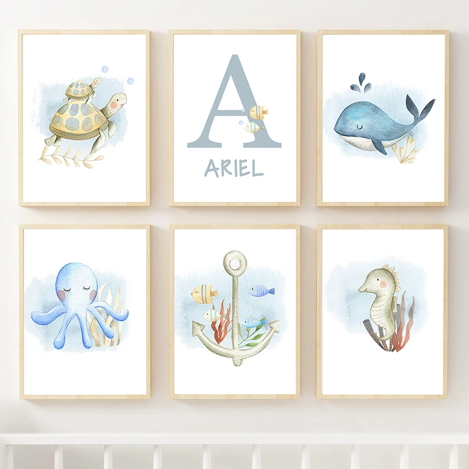 Marine Organism Custom Baby Name Wall Art Mural Print sea turtle whale octopus Canvas Painting Poster Decor Pictures Kids Room