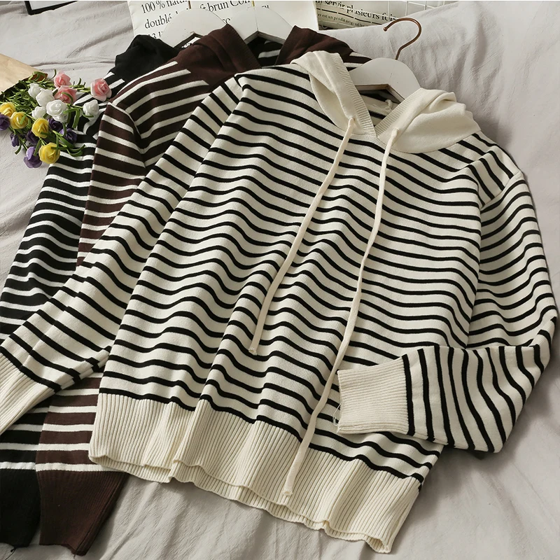 

Korean Style Loose Women's Knitting Sweater Casual All-Matched Fashion Striped Hooded Pullovers Fall Winter Chic Knitted Tops