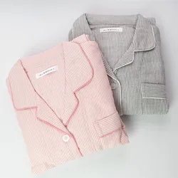 Spring Autumn Women Casual Striped Pajama Sets Female 100%Cotton Sleepwear Suit Women Turn-down Collar Shirt & Pants  Pijamas