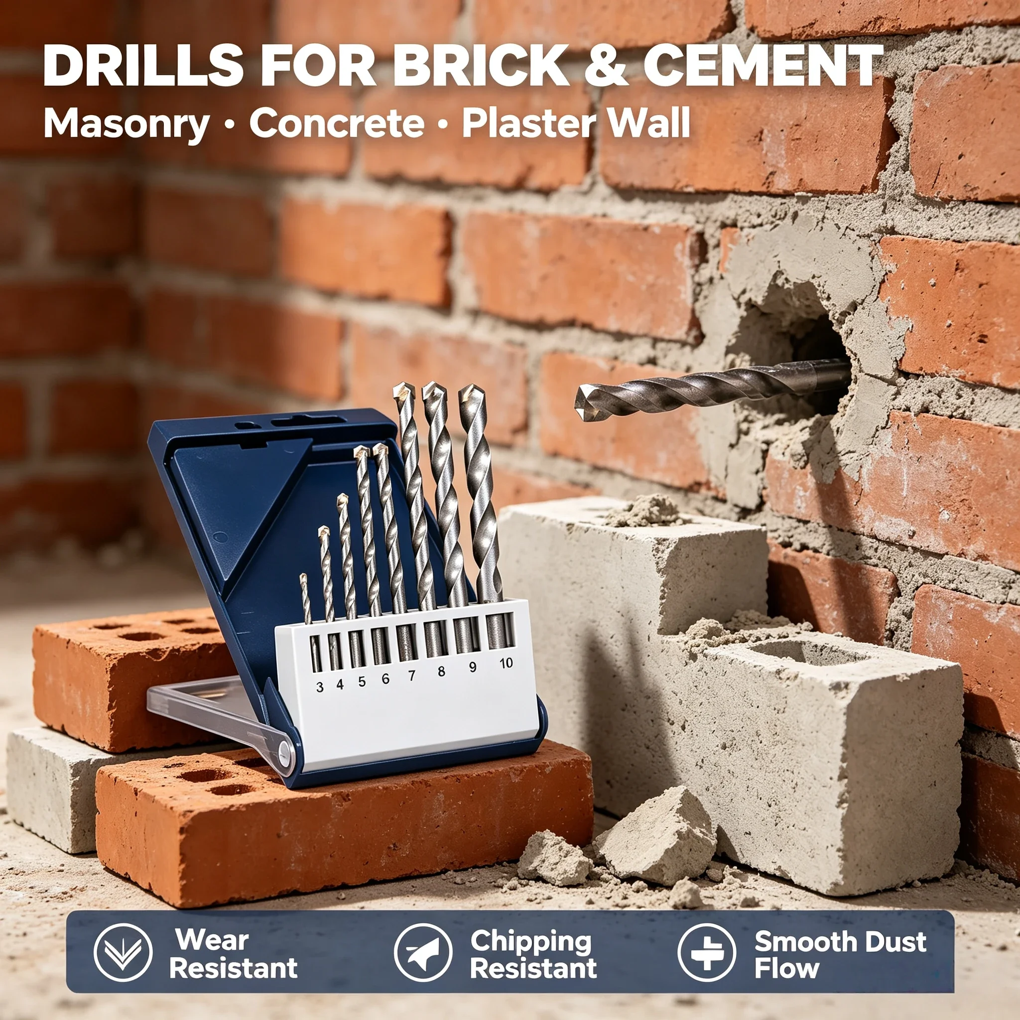 BOSCH 2608578757 Small Blue Box Triangular HandleTwist Drill  8-Piece Set 3-10MM ConcreteTool Attachments