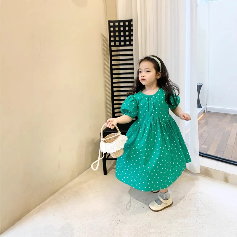 2025 new Girls Plaid Dress Fashion Bubble Sleeve Bow Summer Clothing Rose Red Green Children's 2-8 Years Princess A-line Dresses
