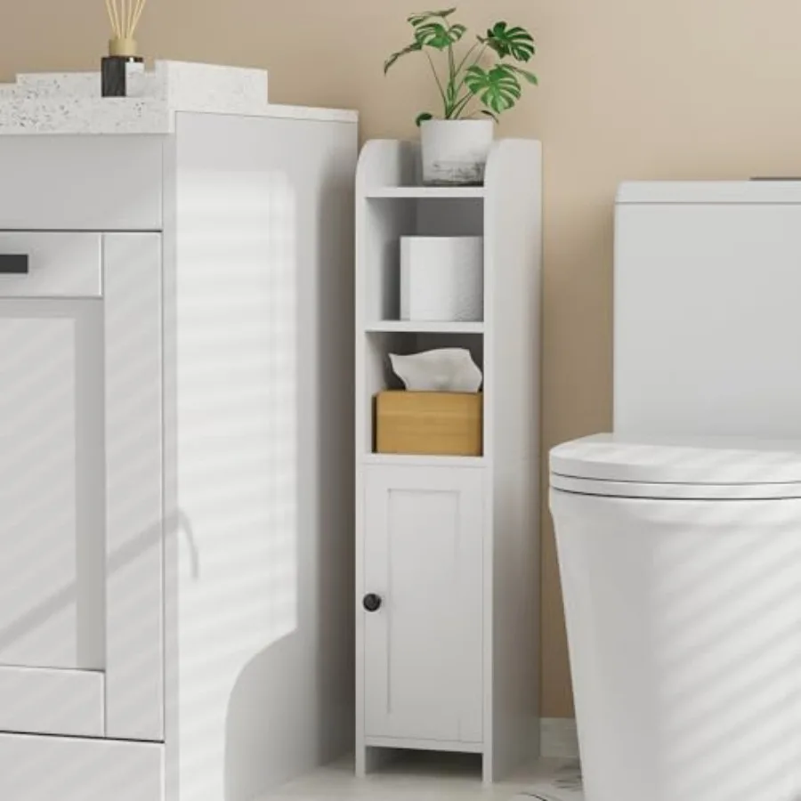 

Small Bathroom Storage Corner Floor Cabinet with Door and Shelves Beside The Toilet Paper Stand for Skinny Narrow Toilet Paper