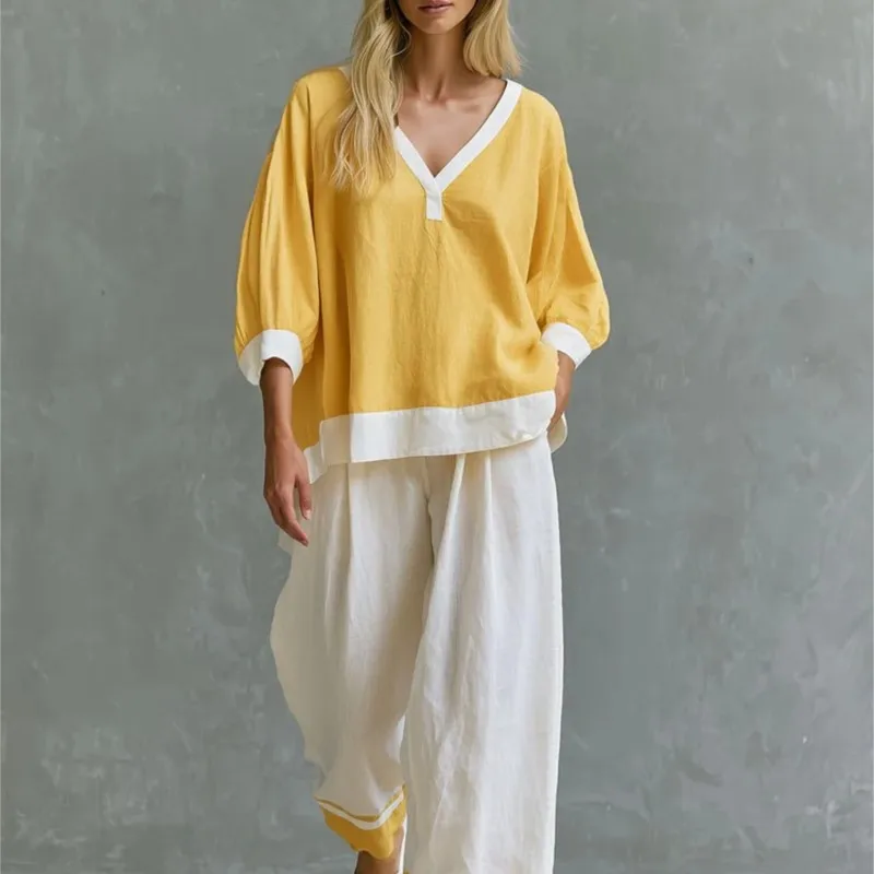 Elegant Loose Pant Set V Neck Puff three-quarter sleevesTop Splicing Wide Leg Pants Two Piece Women Casual Beach Vacation Set
