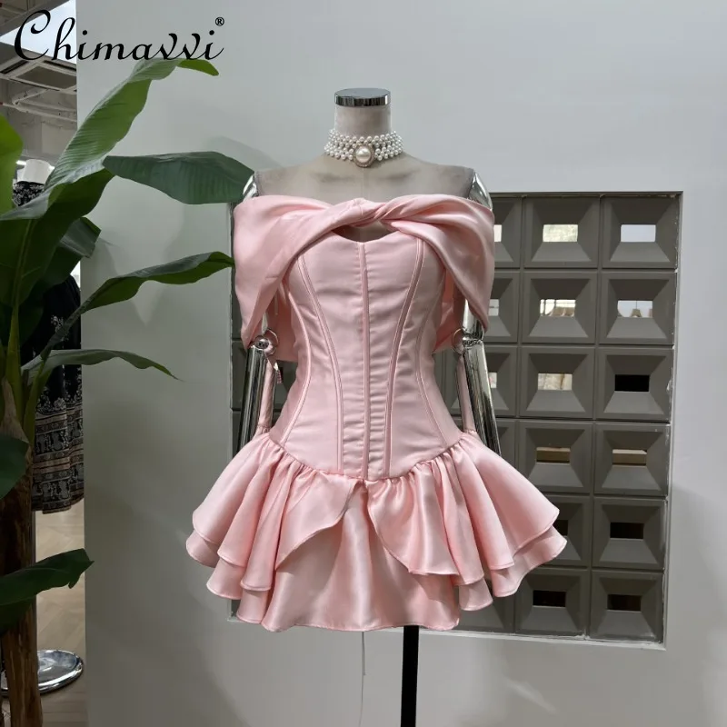 

2025 Summer Temperament Niche French Fishbone Lace-up Tube Top Super Short with Shawl Dress 2-piece Set For Women