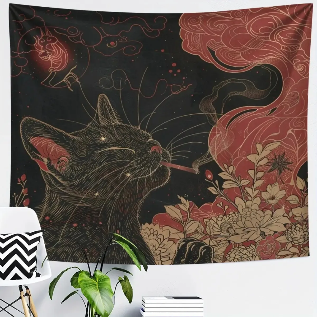 Black Cat Smoking Flower Pattern tapestry under the moon, interesting Lightweight Decoration wall hanging, dopamine art tapestry, suitable for living room, bedroom, college dorm, trippy room deco