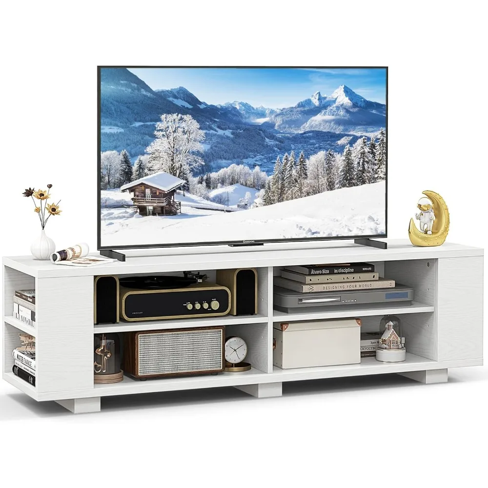 

Wood TV Stand for TVs up to 65 Inch Flat Screen,with 8 Open Shelves, Universal TV Storage Cabinet for Living Room Bedroom