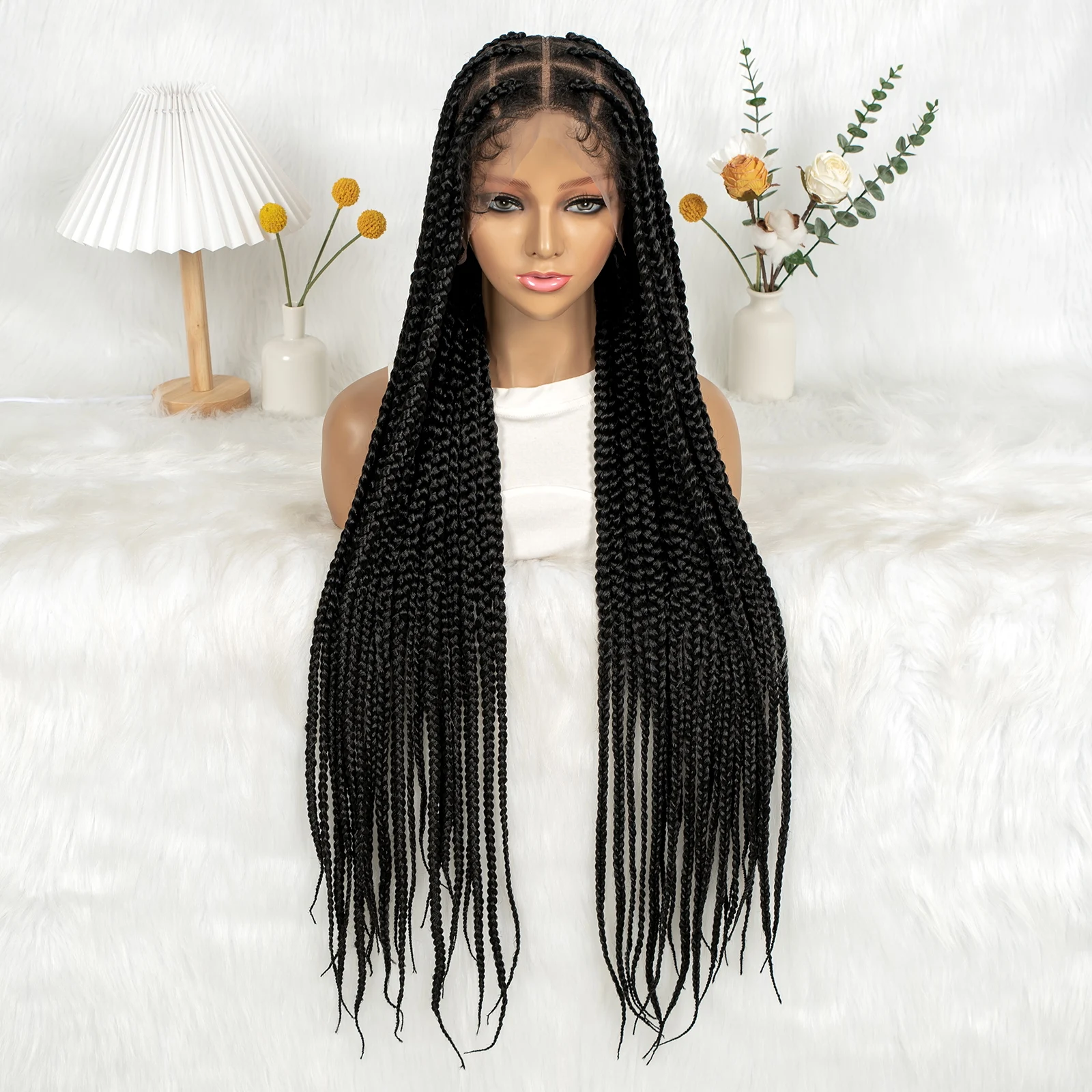 Perruques tressées synthétiques sans nœuds de 36 pouces, perruques Full Lace Front naturelles tressées pour femmes noires