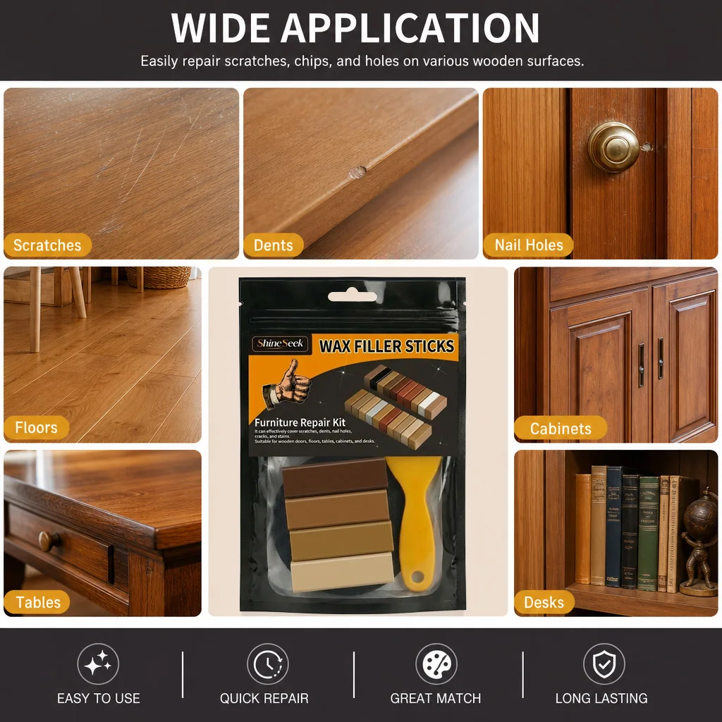 4Pcs Super Strong Wood Repair Wax Blocks + 1Pc Scraper + 1Pc Sandpaper Set —— Brown and Light Yellow Wood Floor Wax Block Kit, Suitable for Wooden Furniture and Floors, Furniture Repair Marker Pen, Floor Repair Set with Scraper, Effectively Covers Scratches, Dents, Nail Holes, Cracks, and Stains Suitable for Wooden Doors, Floors, Tables, Cabinets, Desks. Indispensable Woodworking Tools, a Great Gift Choice!
