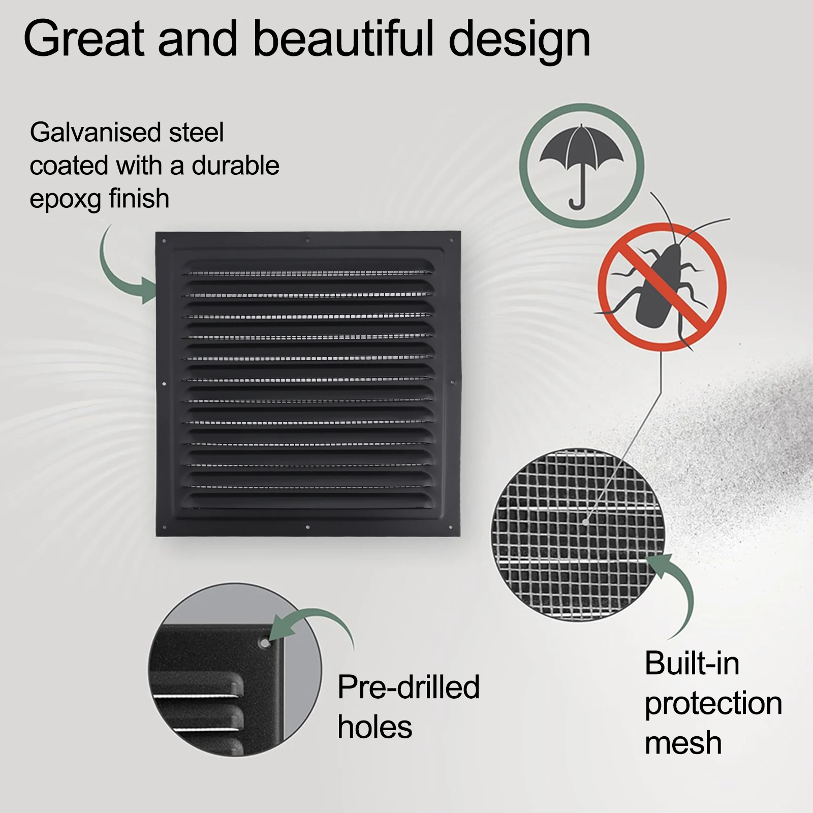 Grille murale extérieure de ventilation domestique, maille en nylon, entrée accessible, portable et longue durée incluse