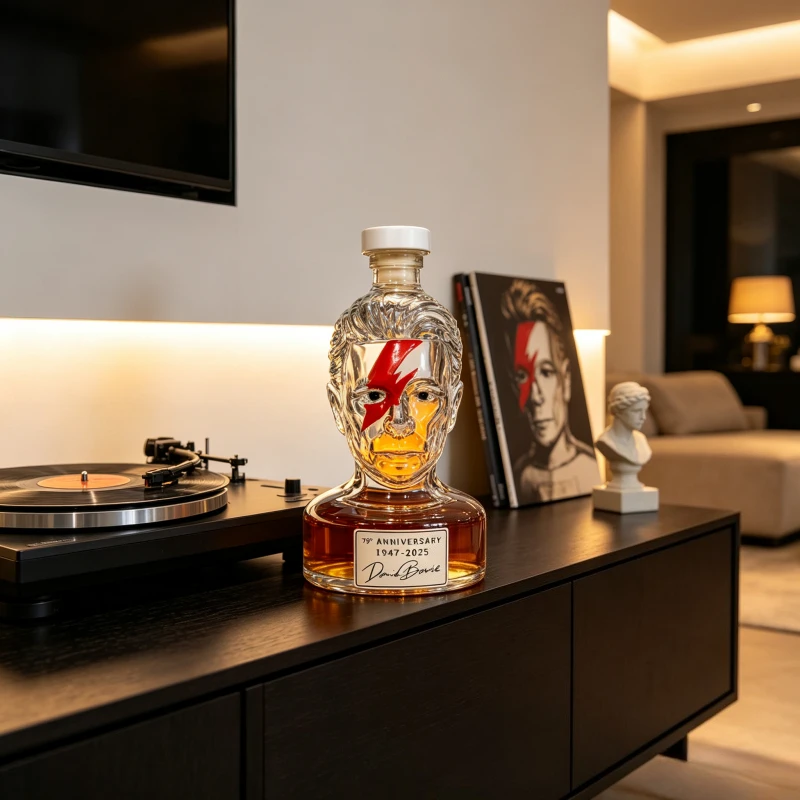 David Bowie 79th Anniversary Glass Whiskey Decanter Sculpted Head Bottle Music Fan Collection Display Ornament