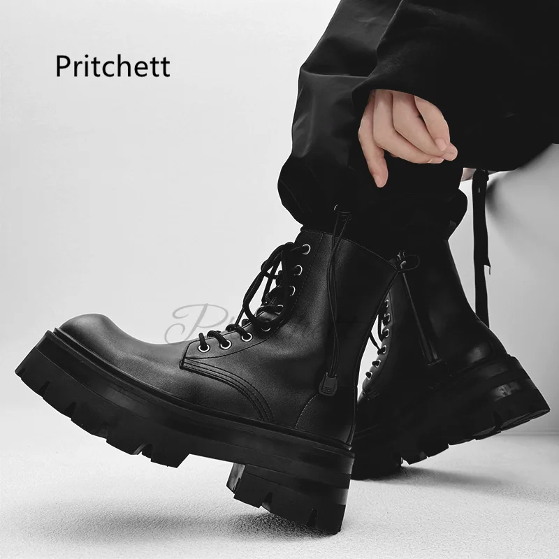 British Style Motorcycle Boots for Men Chunky Platform Men\'s Spring Retro Leather Side Zipper Heightening High Top Work Shoe