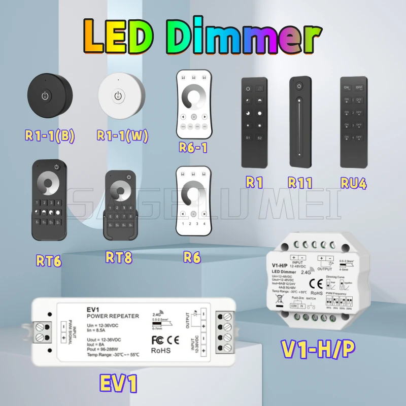 Skydance DC 12-48V LED Dimmer V1-H/P EV1 Switch PWM 2.4G LED Touch RF Wireless Remote Smart Controller for SingleColor LED Strip