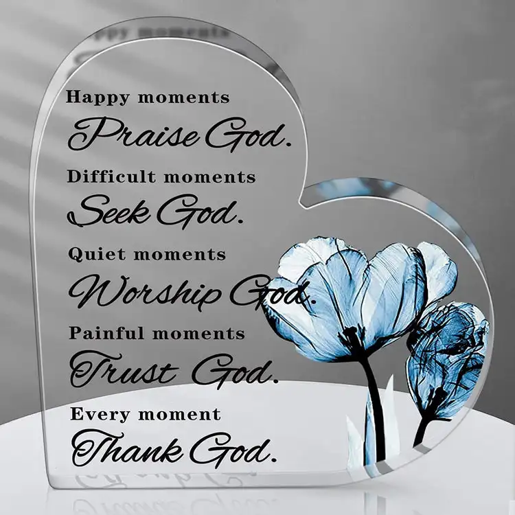 

God Flower Print Crystal Acrylic Heart Plaque Christian Inspirational Quotes Prayer Room Bible Verses Keepsake Desk Home Decor