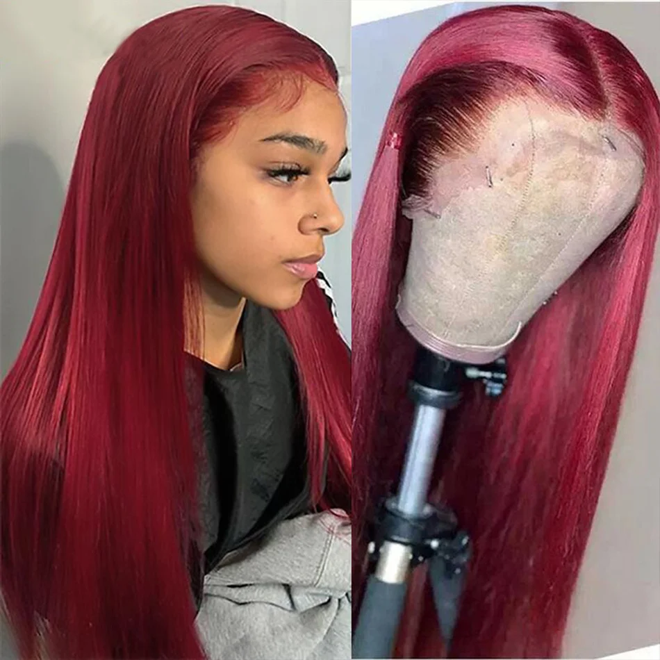 HD 13x4 Burgundy 99J Cherry Red Colored Straight Lace Front Human Hair Wigs Pre Plucked 30 Inch Lace Frontal Wig 100% Human Hair