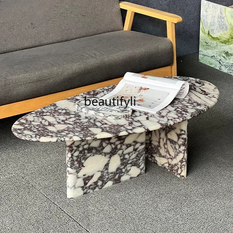 

xx1Italian light luxury card purple marble coffee table modern oval tea table living room designer coffee table
