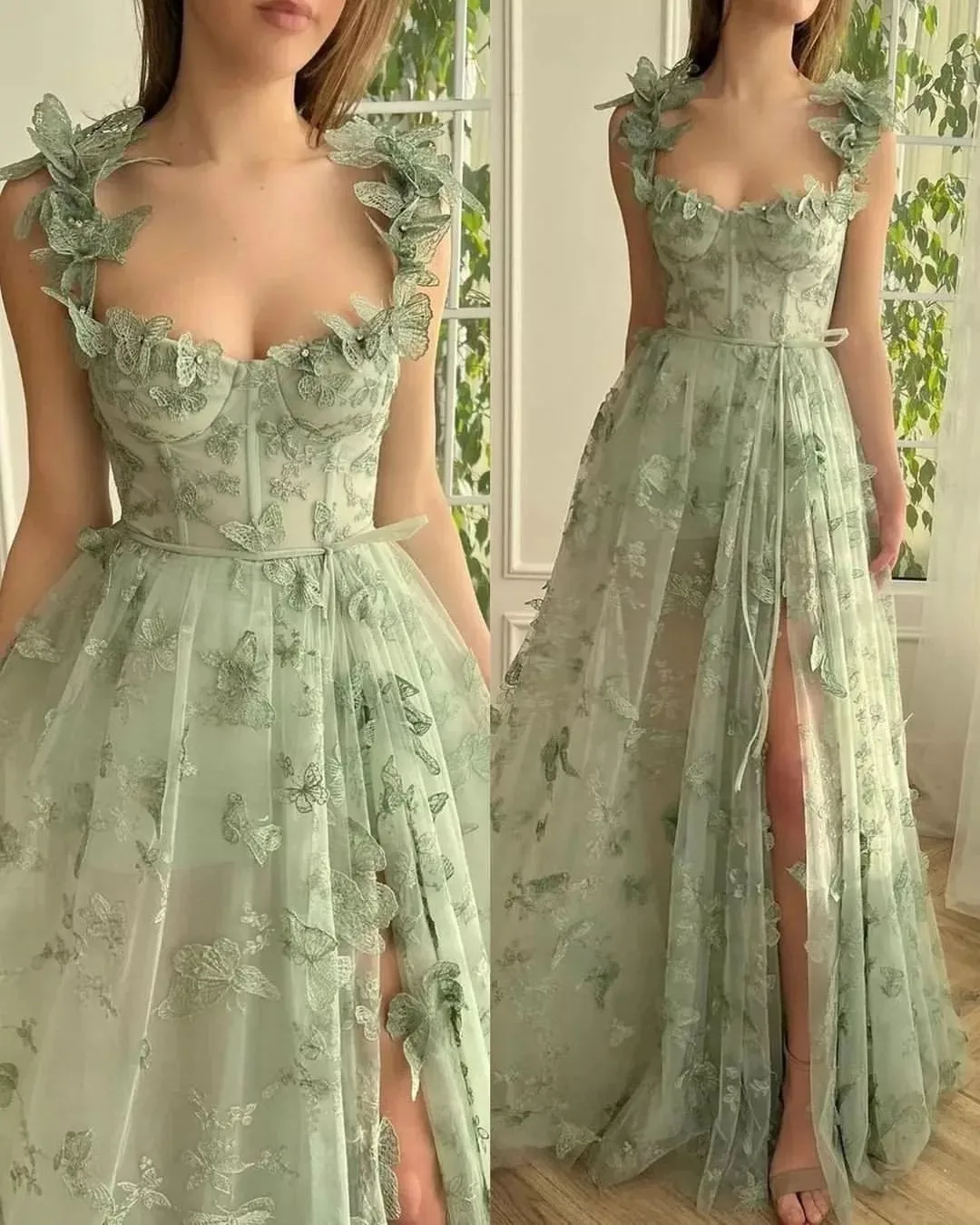 3D Butterfly Prom Evening Dress Lace Applique Princess Women Embroidery Mesh Tulle Lace Party Graduation School Party Gown