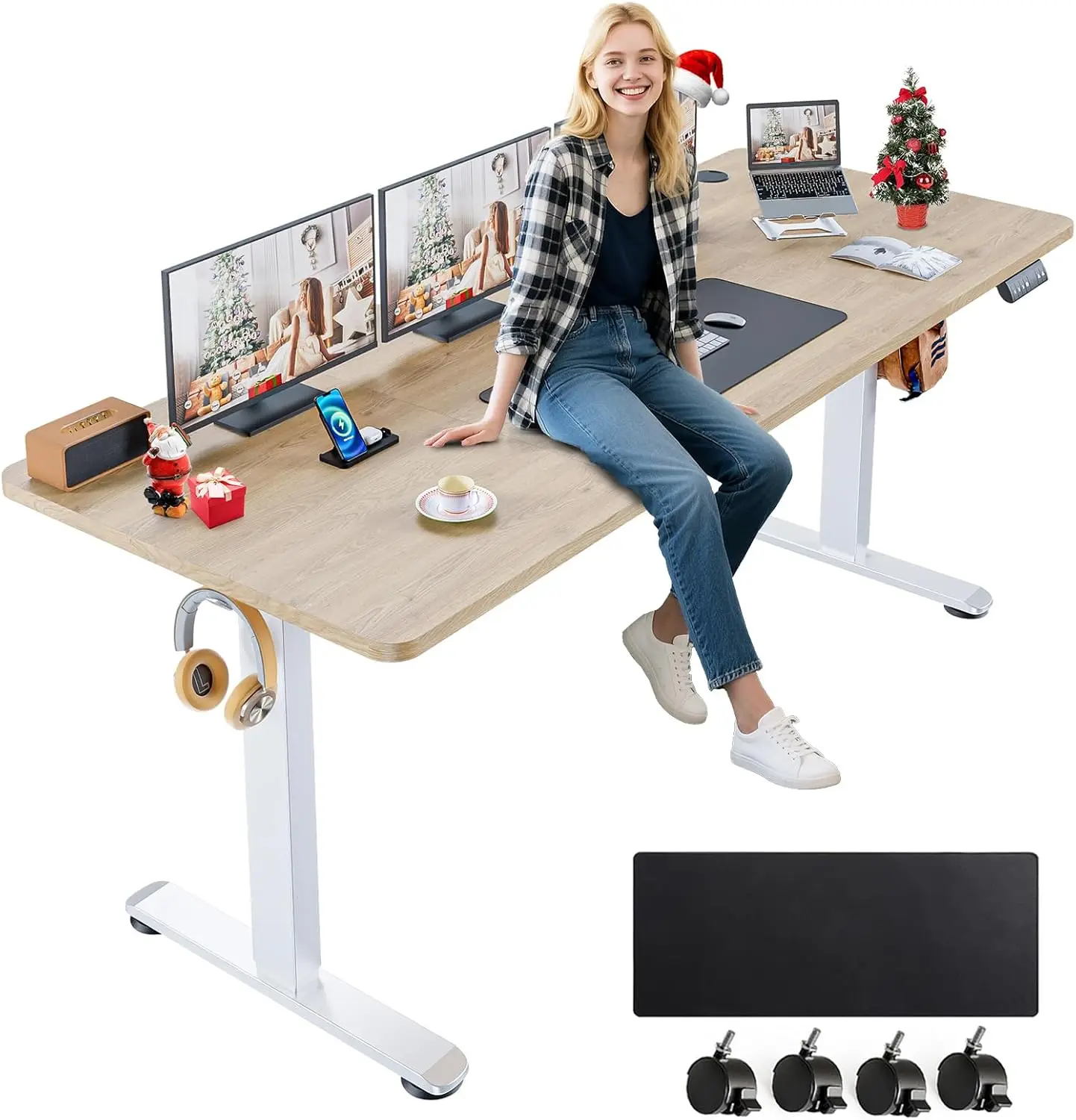 

Electric Standing Desk Adjustable Height, 70.8 x 27.5 Inch Sit Stand up Desk with Large Mouse Pad, Double Metal Hook