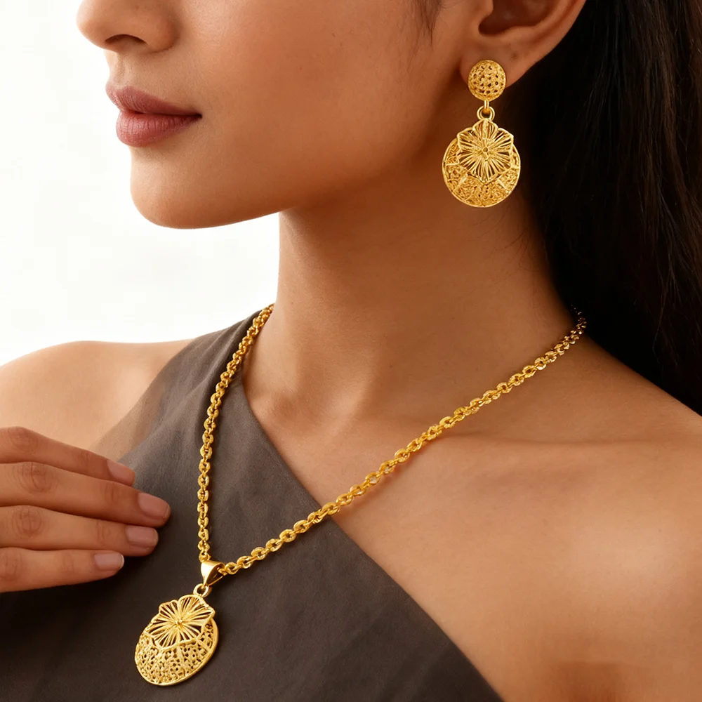 

Indian Dubai Luxury 24k Gold Plated Necklace And Earrings Rings Jewelry Sets For Women Ethiopian Bridal Set Wedding Party Gifts