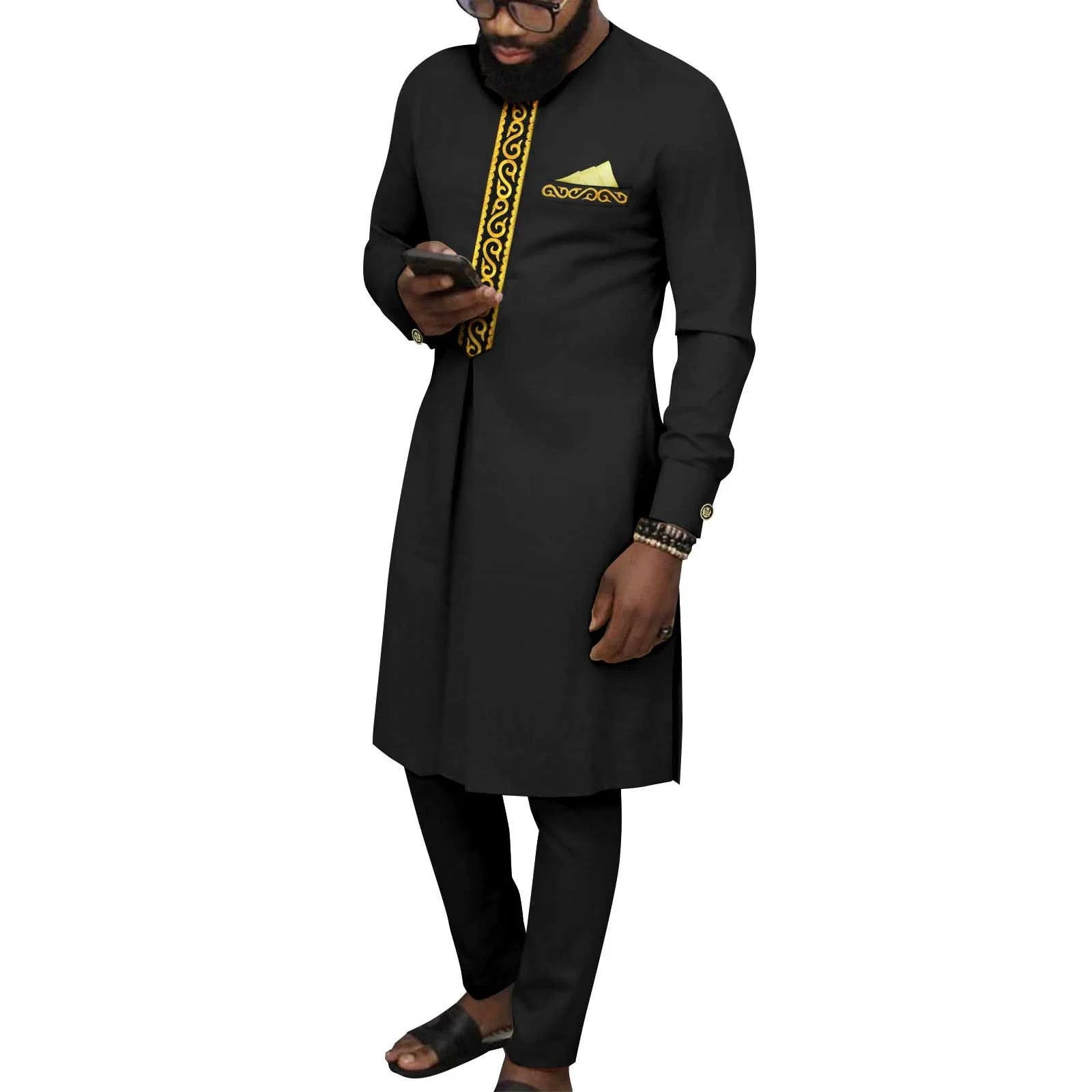 Африканские костюмы для мужчин, комплект из двух предметов, жаккардовые Дашики с длинными рукавами и брюки, традиционный комплект одежды для вечеринок