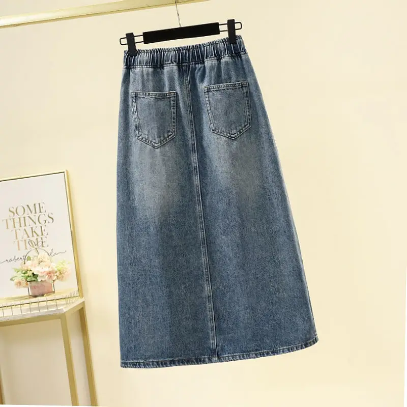 Fashion Elastic Lace Up Pockets Split Casual Denim Skirts Female Clothing 2024 Summer New Loose Young Style High Waist Skirts