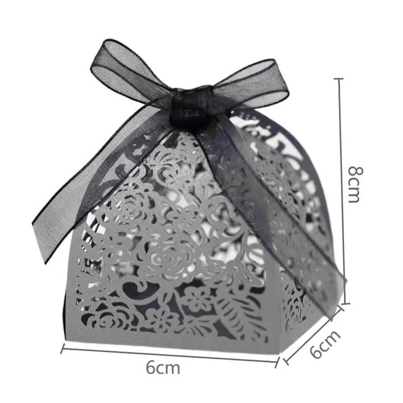 50pcs/lot Hollow Rose Flower Gift Boxes with Ribbons Laser Cut Packaging Boxes For Chocolate Candy Birthday Party Supplies