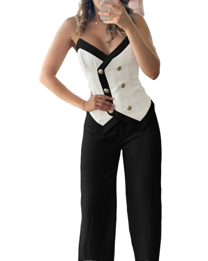 

Spring Summer New Fashion Women Suit Irregular Top Wide Leg Trousers Metal Suspenders Double Breasted Slim Suit Lady
