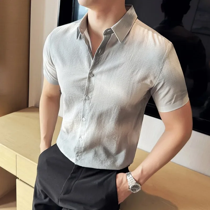 2024 Summer Men Short Sleeve Shirts Gradient Print Casual  Slim Fit Senior Shirt Brand Social Men Clothing New Plus Size M-4XL