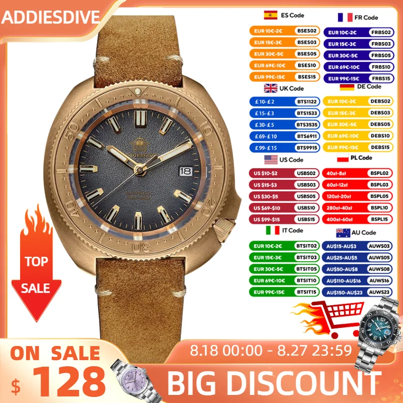 

ADDIESDIVE New Bronze Men Watch Luxury Sapphire C3 Supper Luminous 100m Waterproof Diving NH35 Automatic Mechanical Wristwatch