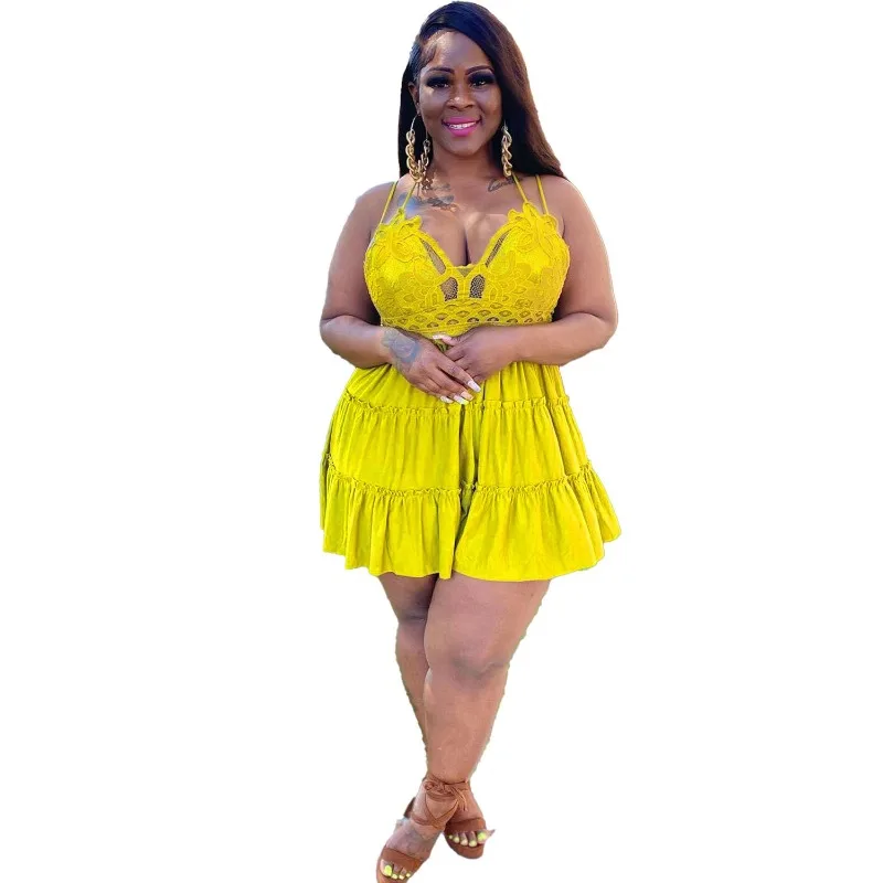 Wsfec 2XL-5XL Dresses for Women Clothing African Plus Size Halter Sleeveless Backless Lace Sexy Club Summer Beach Mini Dress