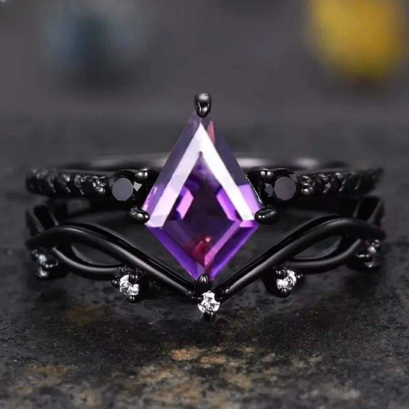 Dazzling Inlaid with Purple Stone Black Color Oval Rings Set Fashion Party Rings for Women Jewelry
