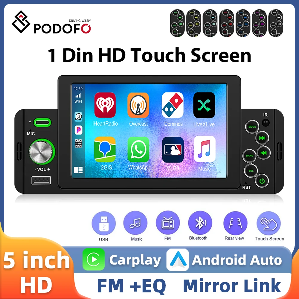 Podofo Wireless Carplay Wireless Android Auto Car Stereo 5Inch 1Din MP5 Player Car Radio FM Mirror Link Bluetooth Car Audio