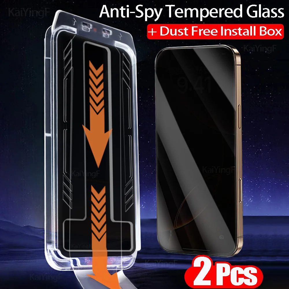 Protector de pantalla de privacidad para iPhone 16, 15, 14, 13, 12, 11 Pro Max, protección de vidrio templado antiespía con caja de instalación sin polvo, 2 uds.