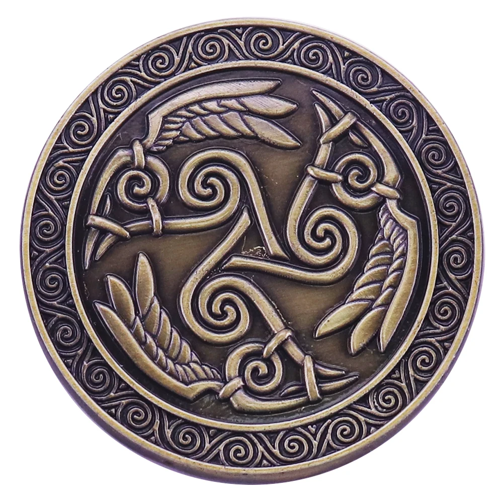 Nordic Viking Wave Swirl Shape Three Ravens Flying Bird Wings Rune Amulet Symbol Embossed Enamel Pin Men Women Gift Jewelry