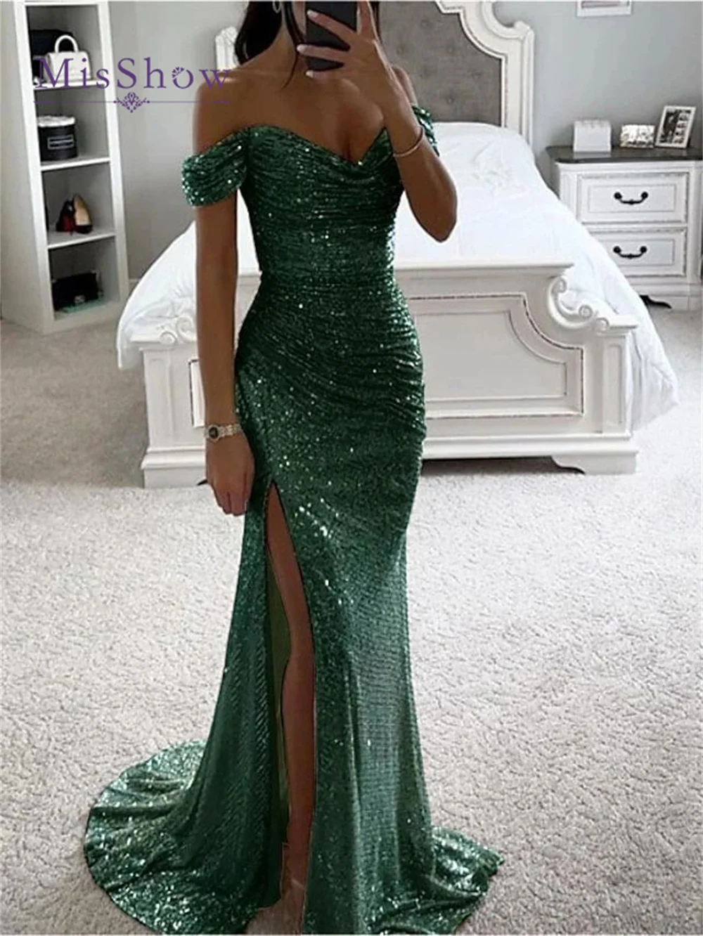 MisShow Sequin Mermaid Evening Dresses for Women Party 2024 Elegant Off Shoulder Ruched Slit Formal Maxi Prom Gowns