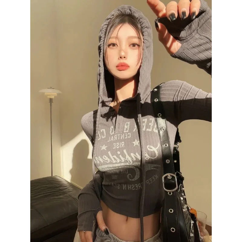 Vintage Letter Crop Top Women Harajuku Kpop Slim Grey Long Sleeve Tshirts Female American Streetwear Drawstring Tee