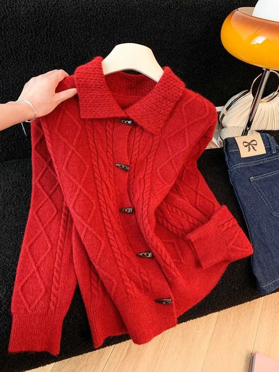 

Красный вязаный свитер-пальто женский зимний, модный, повседневный, с воротником-стойкой, в корейском стиле, длинный, повседневный топ