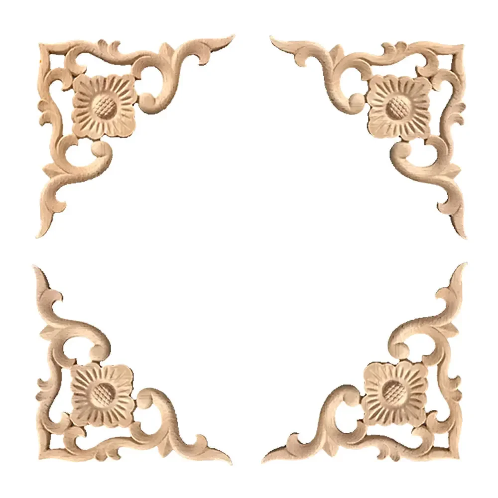 4pcs Wood Carved Applique Onlay for Decoration Furniture Decals Corner European Frame Flower Unpainted Furniture Door Decor