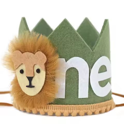 Cartoon Animal Birthday Felt Hat Wild One Birthday Lion Crown Headband Hat For Kids Children Jungle Safari Birthday Party Supply