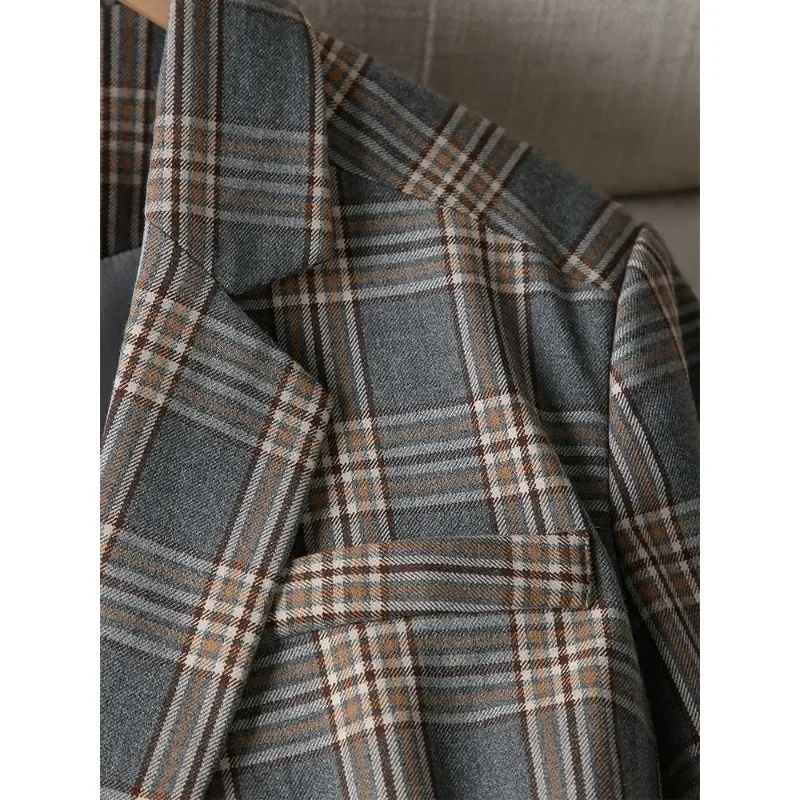 Coffee Gray Plaid Women Casual Blazer Coat Female Long Sleeve Single Breasted Loose Jacket For Office Ladies Work Wear