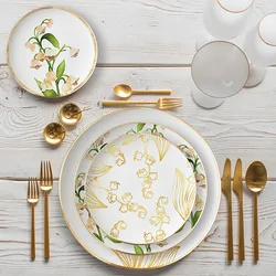 European Ceramic Plate Sets Painted Floral Decor Wedding Center Dinner Set Plates and Dishes Gold Stroke Breakfast Bread Dish