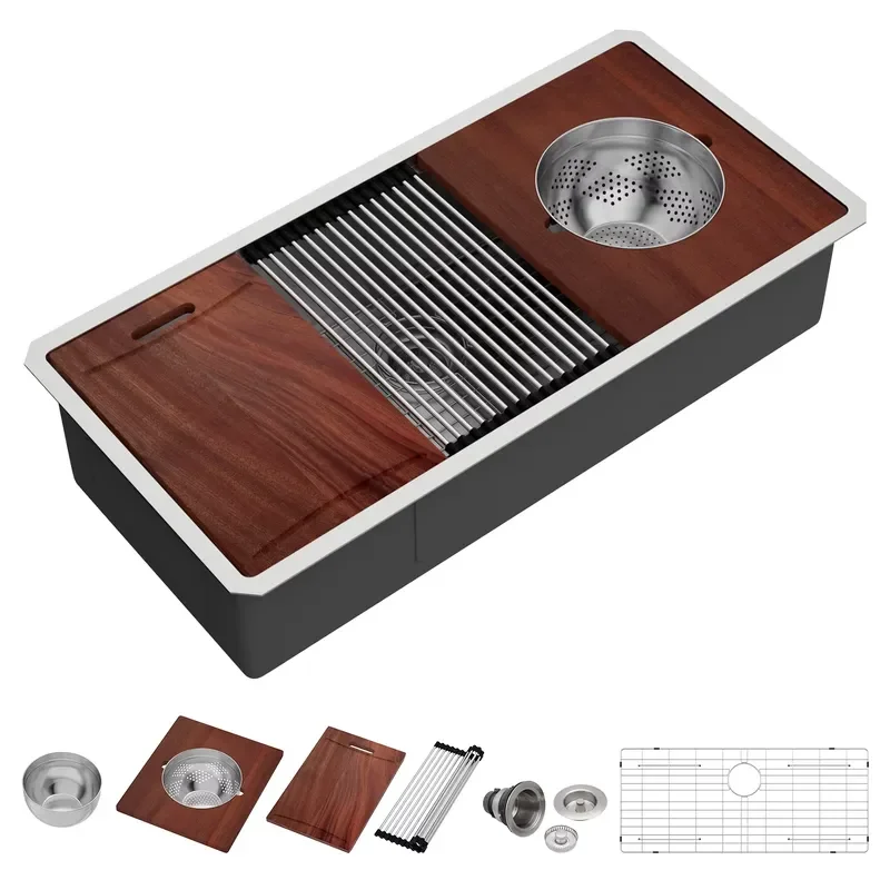 16 Gauge Stainless Steel Undermount Kitchen Sink 39 Inch Single Bowl Workstation with Cutting Board Multi Function Prep Area