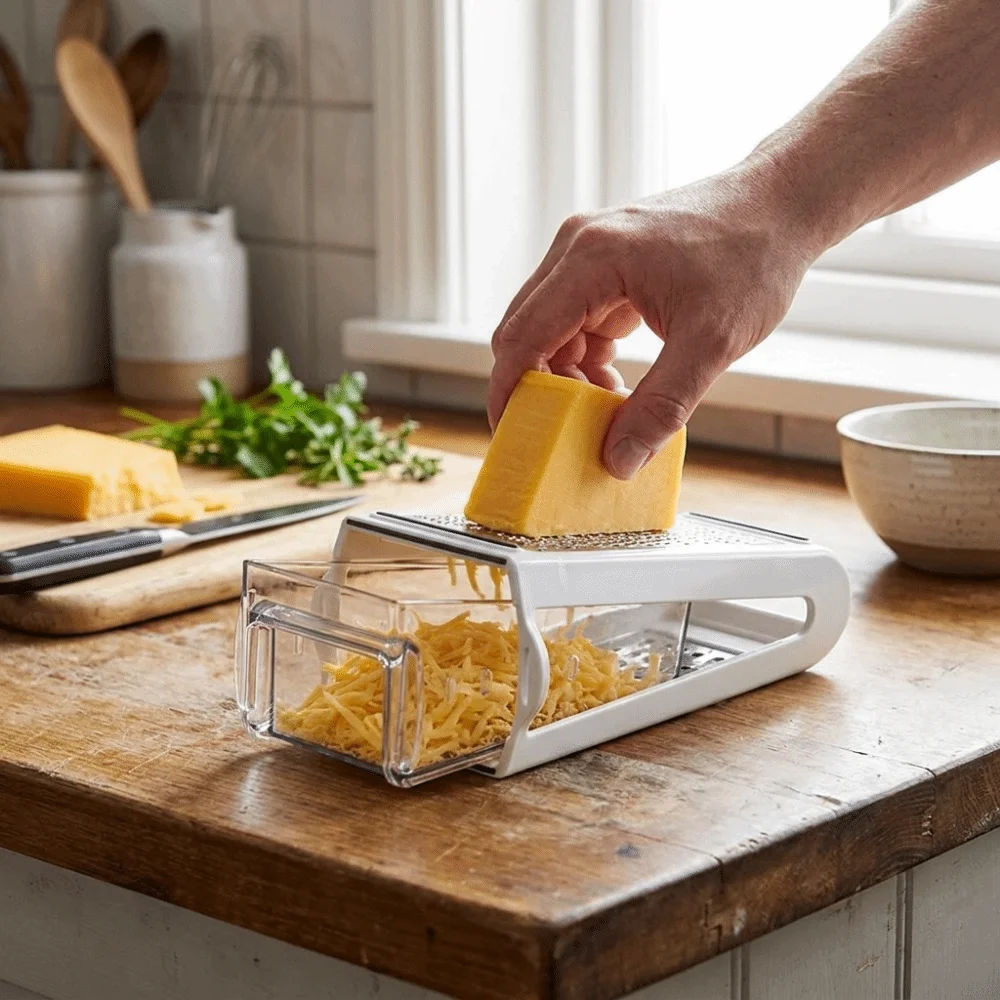 

Multi-functional Stainless Steel Grater Double-Sided Manual Cheese Grater Rust-Resistant with Storage Container Food Shredder