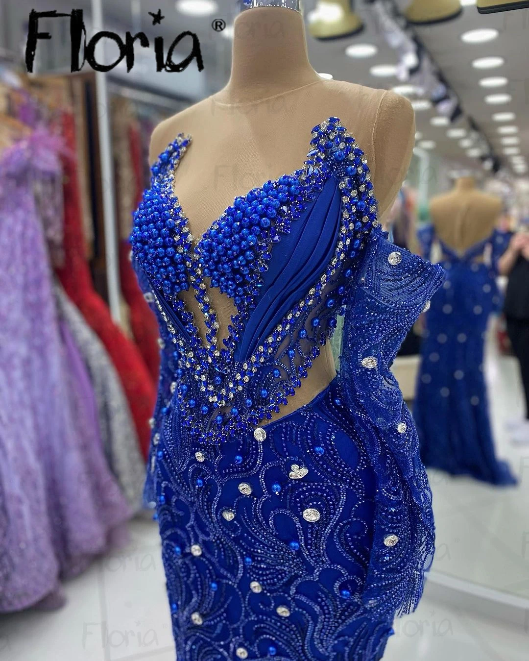 Mermaid Royal Blue Evening Dress Pearls Crystals Covered Wedding Guest Party Gowns Off Shoulder Long Sleeve Formal Prom Dresses