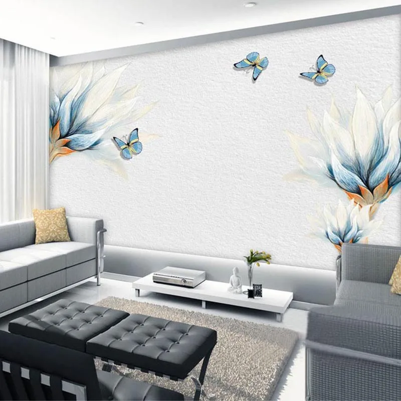 Customized Modern Simple Blue Flowers Butterfly Oil Painting Mural Wallpaper Living Room TV Sofa Background bedroom restaurant